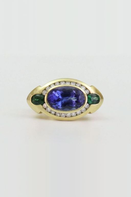 18k Gold Tanzanite, Garnet and Diamond Ring