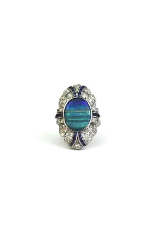 Platinum Opal, Diamond and Sapphire Ring