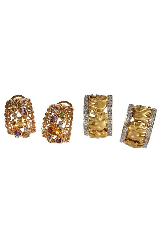 Two Pairs of 14k Gold Multi-Gem Earrings
