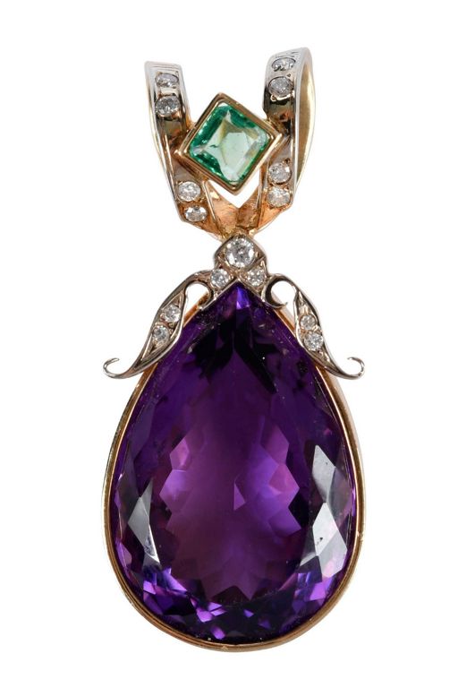 14k Gold Amethyst, Diamond and Emerald Pendant