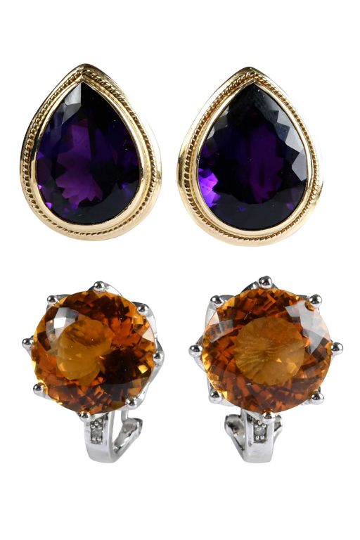 Two Pairs Gold Multi-Gem Earrings