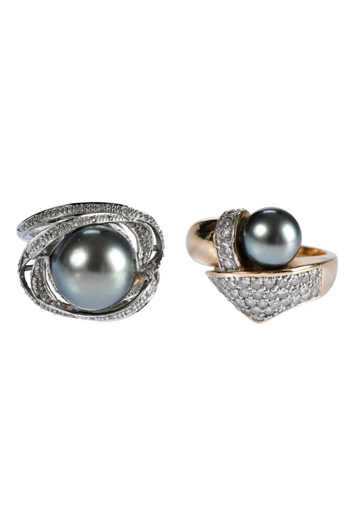 Two 14k Gold Pearl and Diamond Rings