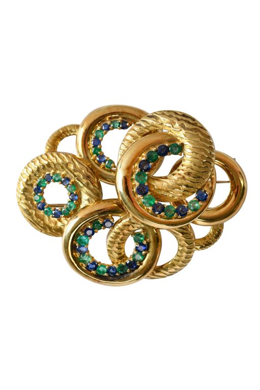 18k Gold Sapphire and Emerald Brooch