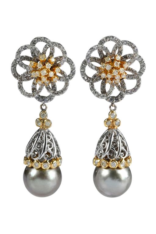Pair of 18k Gold Pearl and Diamond Earrings