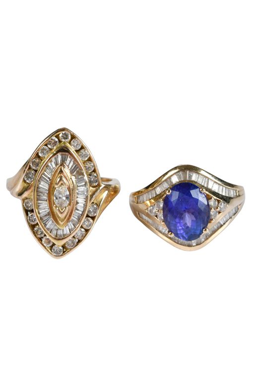 Two 14k Gold Tanzanite and Diamond Rings