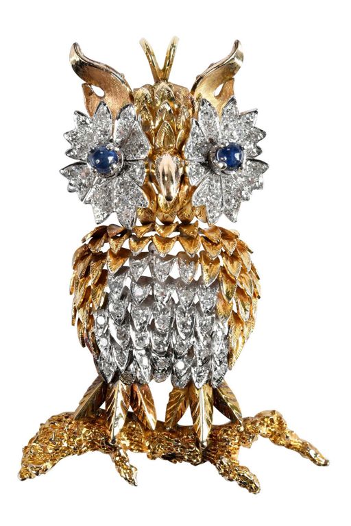 14k Gold Sapphire and Diamond Owl Pendant