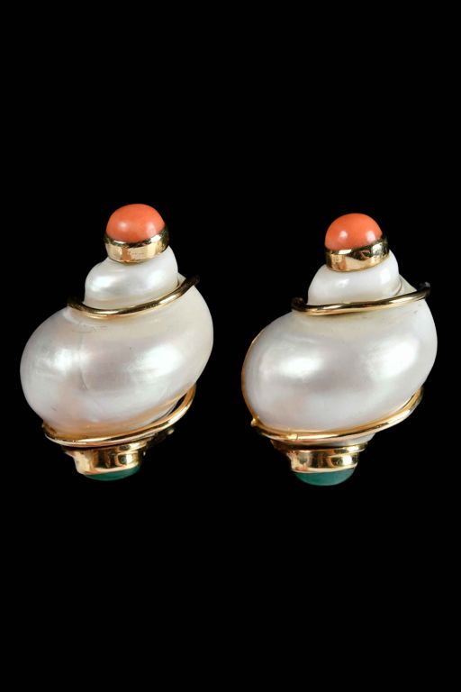 Pair of 14k Gold Emerald and Coral Earrings