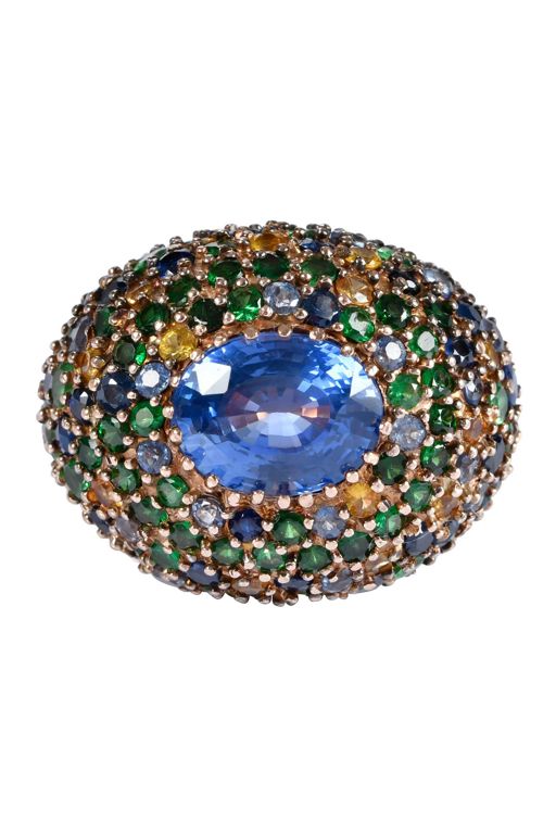 14k Gold Sapphire and Tsavorite Ring