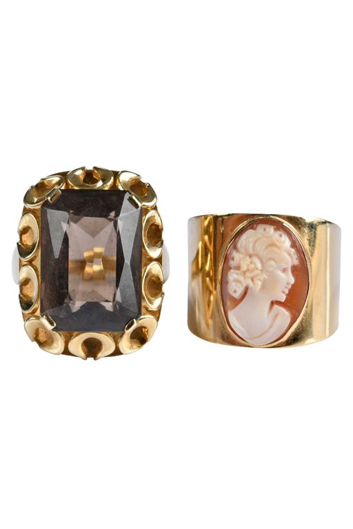 Two 14k Gold Cameo and Quartz Rings