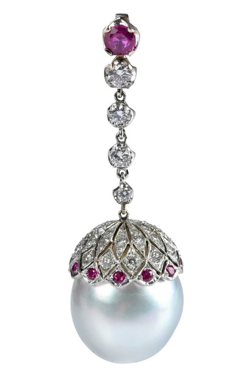 18k Gold Pearl, Diamond and Ruby Pendant