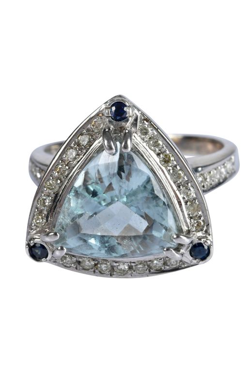 14k Gold Aquamarine, Diamond and Sapphire Ring