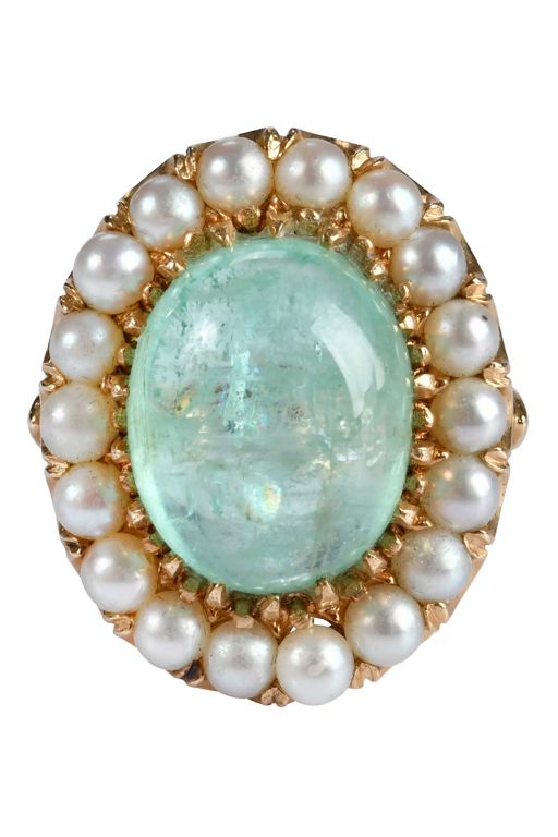 14k Gold Emerald and Pearl Ring