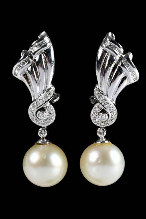 14k Gold Pearl and Diamond Earrings