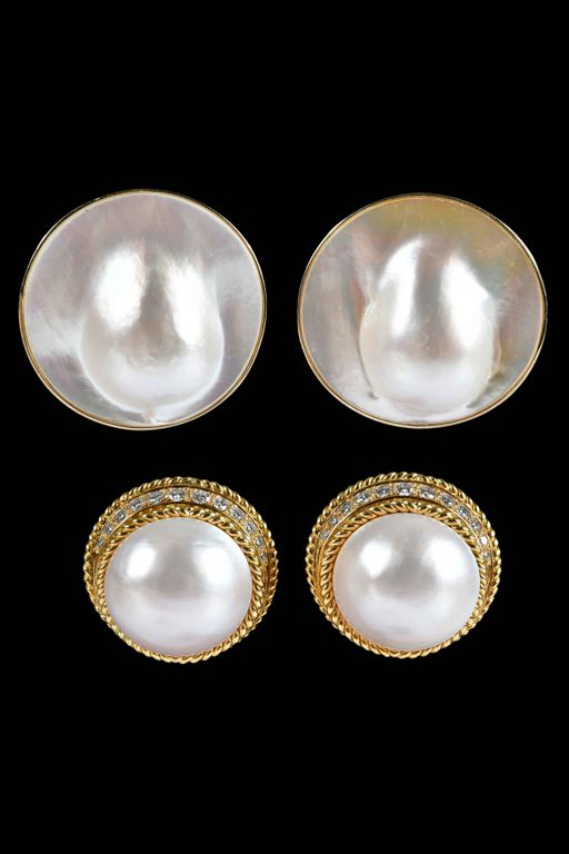 Two Pairs of Gold Pearl and Diamond Earrings