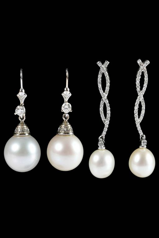 Two Pairs of 14k Gold Pearl and Diamond Earrings