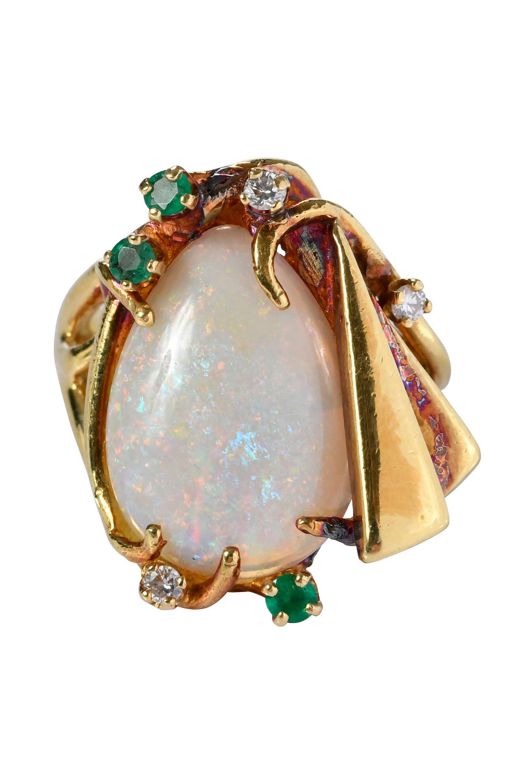 18k Gold Opal, Emerald and Diamond Ring