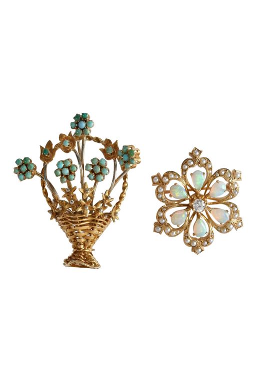 Two Gold Multi-Gem Brooches