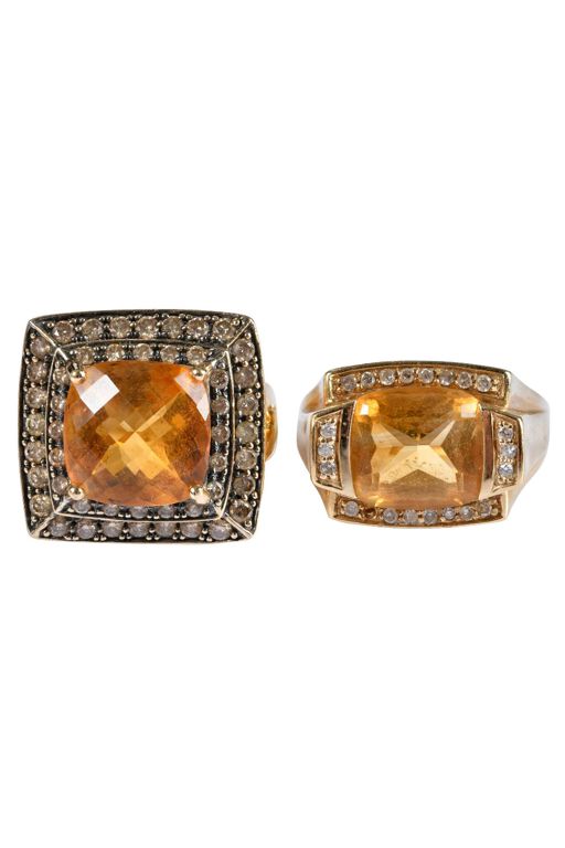 Two 14k Gold Citrine and Diamond Rings