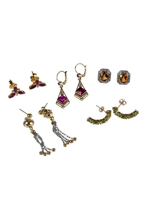Five Pairs of Gold Multi-Gem Earrings