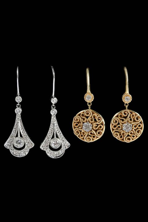 Two Pairs of 14k Gold Diamond Earrings