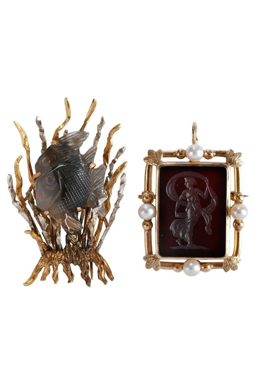 Two Gold Multi-Gem Brooches