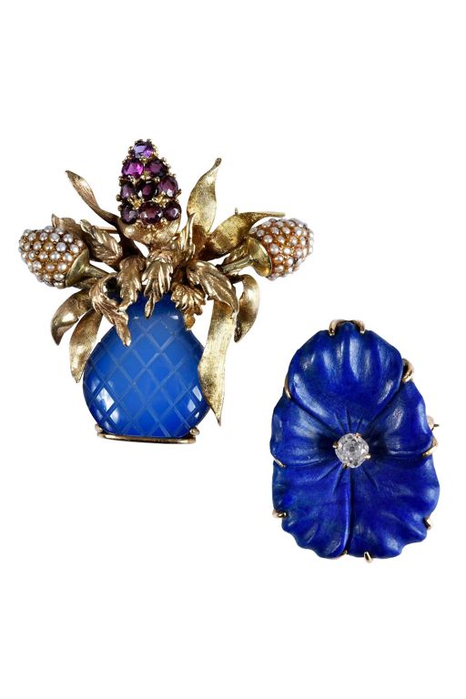 Two 14k Gold Multi-Gem Brooches