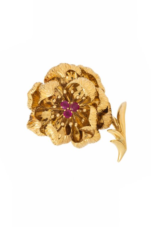18k and 14k Yellow Gold Ruby Flower Brooch