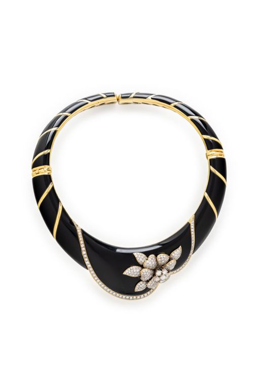 18k Yellow Gold Onyx and Diamond Collar Necklace