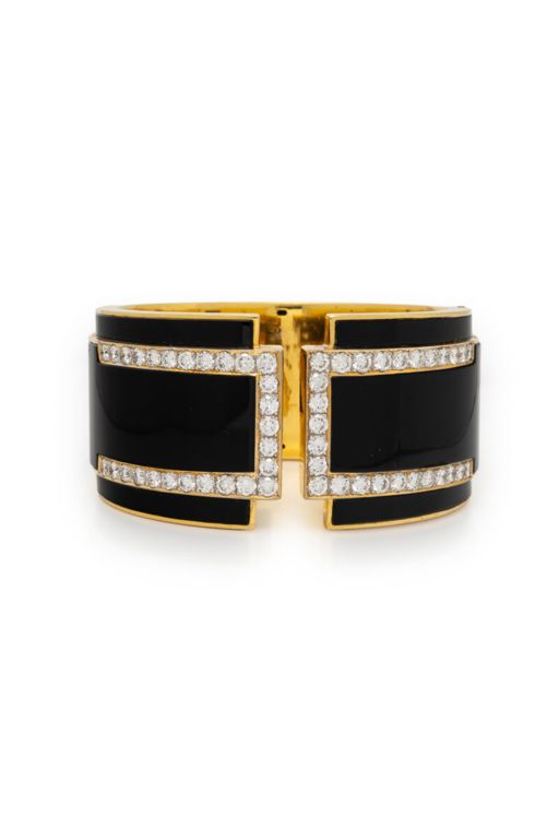 18k Yellow Gold Onyx and Diamond Cuff Bracelet