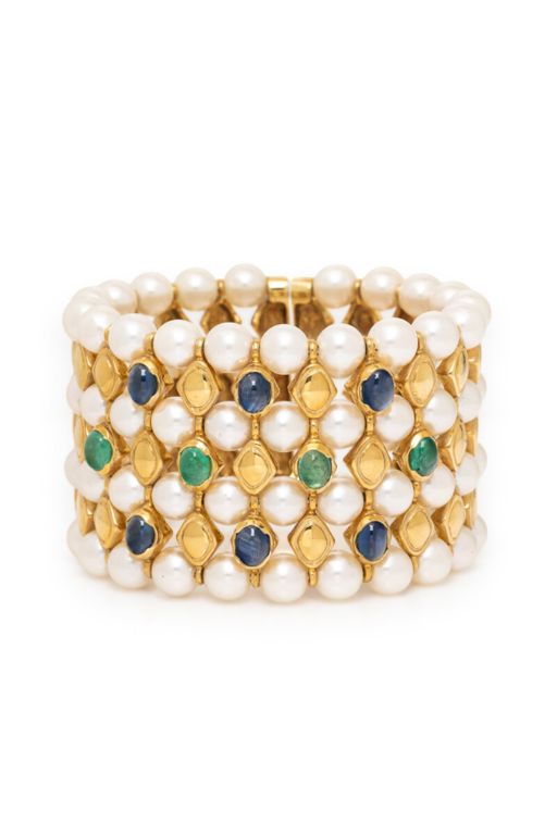 18k Gold Pearl, Emerald and Sapphire Cuff Bracelet