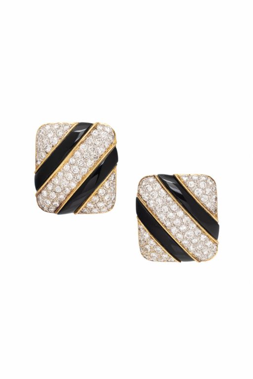 18k Yellow Gold Onyx and Diamond Earrings