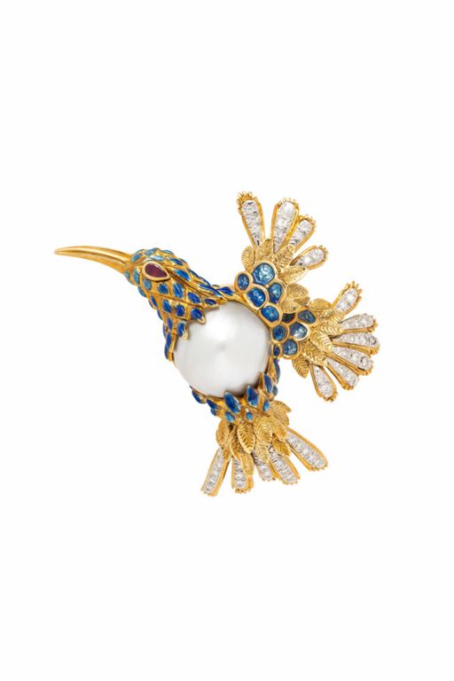 18k Gold and Platinum Multi-Gem Hummingbird Brooch