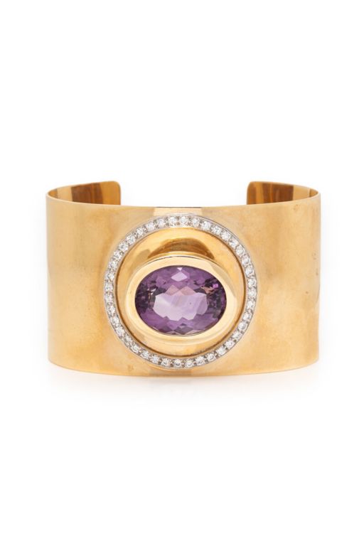 14k Yellow Gold Amethyst and Diamond Cuff Bracelet