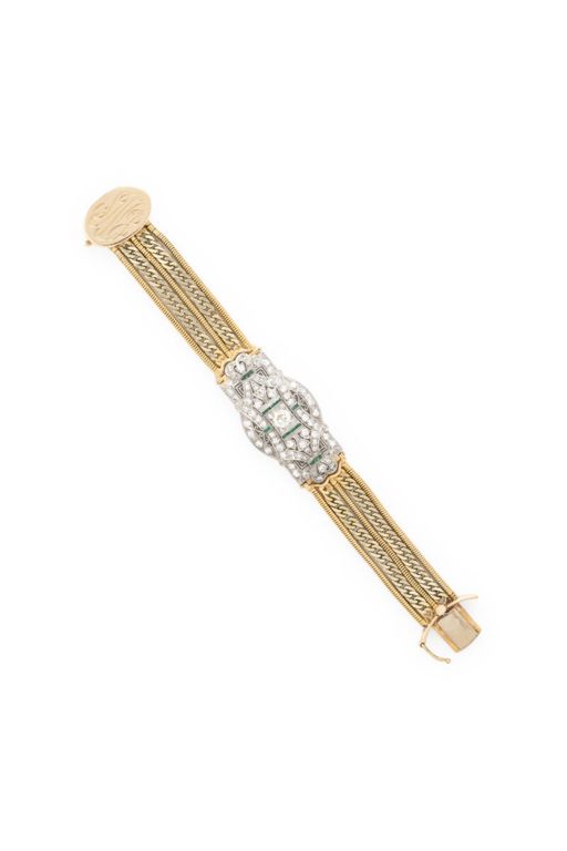 Platinum and 14k Gold Diamond and Emerald Bracelet