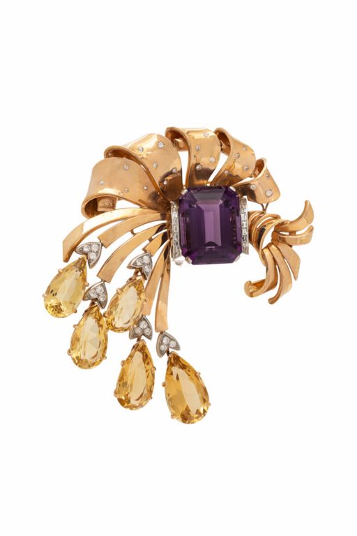 18k Rose Gold and Platinum Multi-Gem Brooch