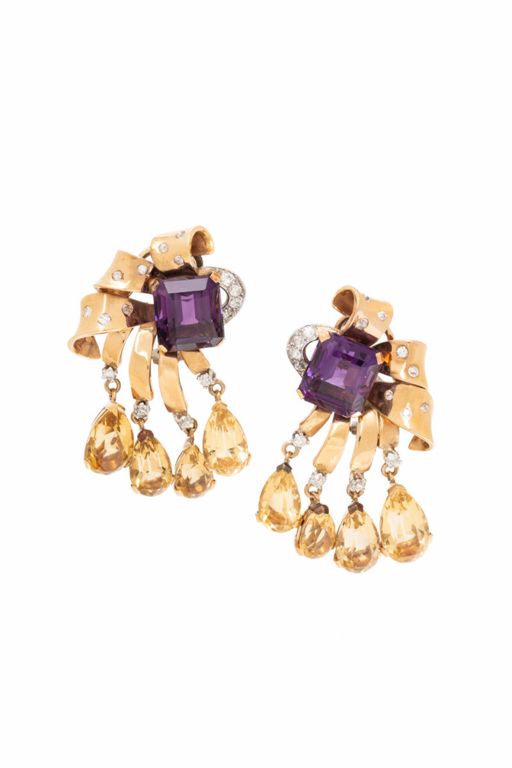 18k Rose Gold and Platinum Multi-Gem Earrings