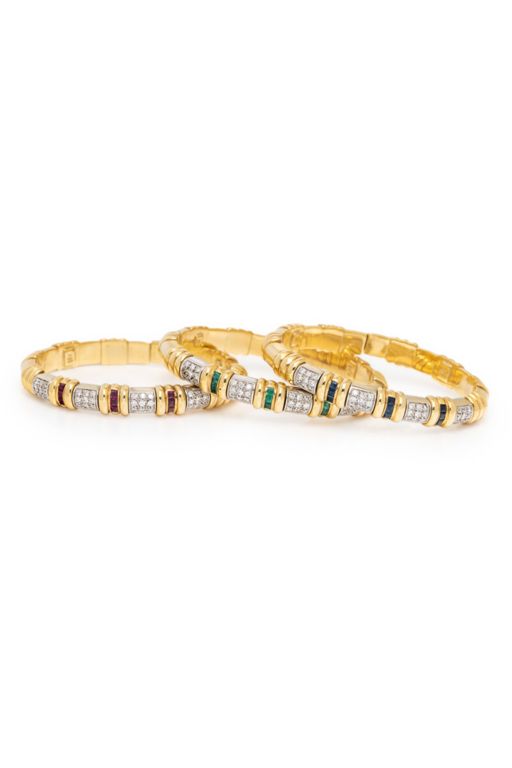 Three 18k Gold Multi-Gem Bangle Bracelets