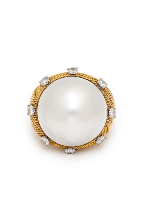 Platinum and Yellow Gold Pearl and Diamond Ring