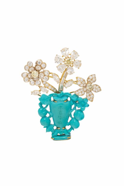 Platinum and Gold Turquoise and Diamond Brooch