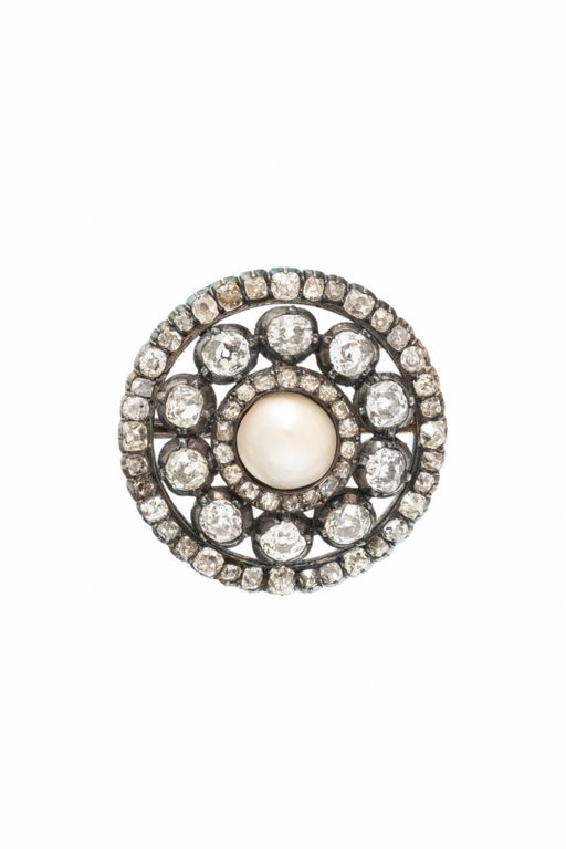 14k Gold and Silver Pearl and Diamond Brooch