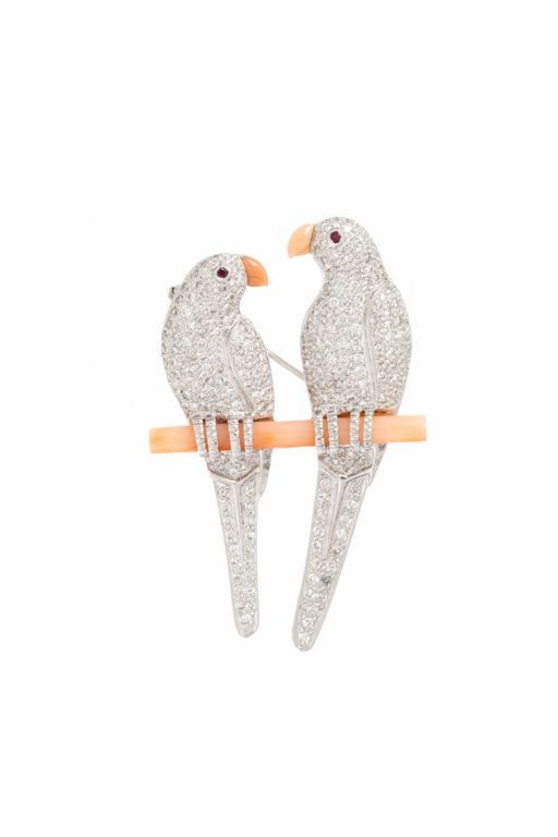 18k Gold Coral, Diamond and Ruby Lovebirds Brooch