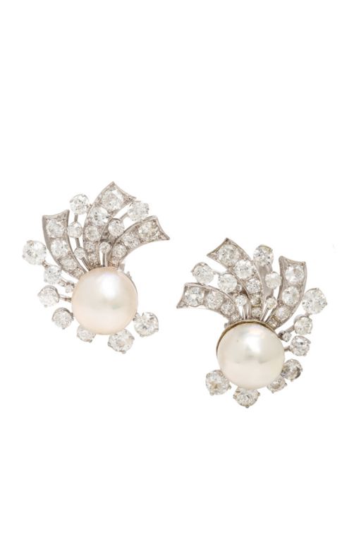 Platinum and 14k Gold Pearl and Diamond Earrings