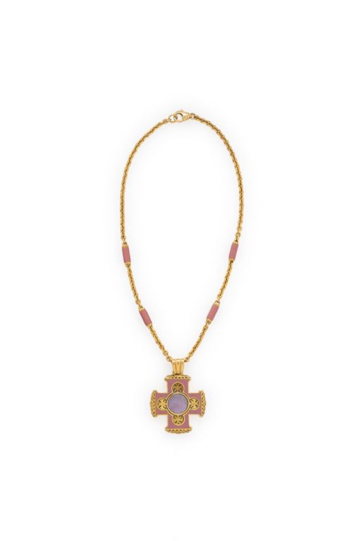 18k Gold Quartz and Enamel Cross Pendant Necklace