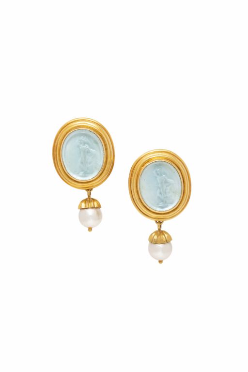 Gold Pearl, MOP and Venetian Glass Cameo Earrings