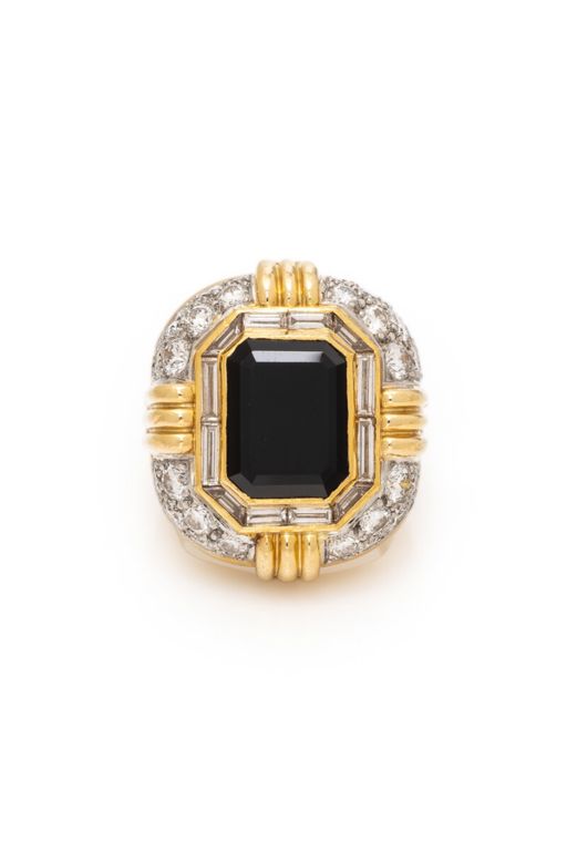 Platinum and 18k Yellow Gold Onyx and Diamond Ring