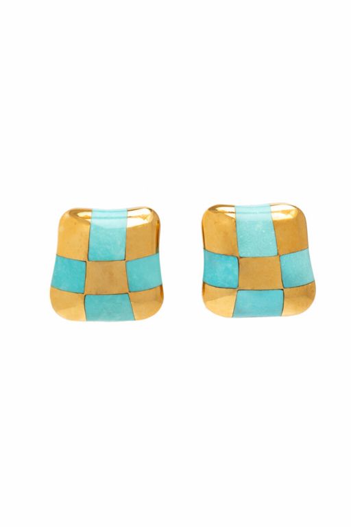 18k Yellow Gold Turquoise Checkered Earrings