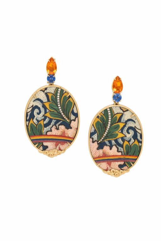 18k Gold Diamond, Opal and Sapphire Earrings