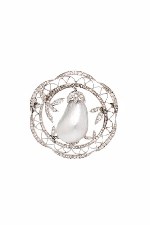 Platinum Pearl and Diamond Brooch