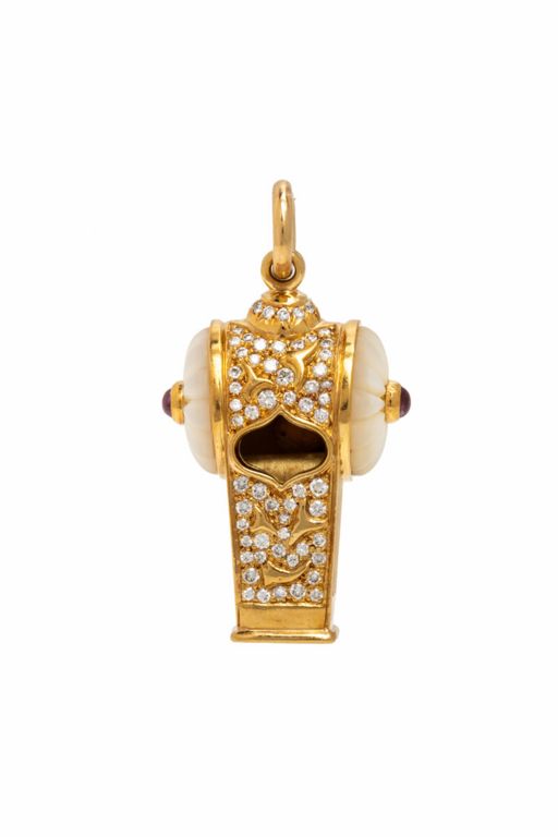 18k Gold Diamond, MOP and Ruby Whistle Pendant