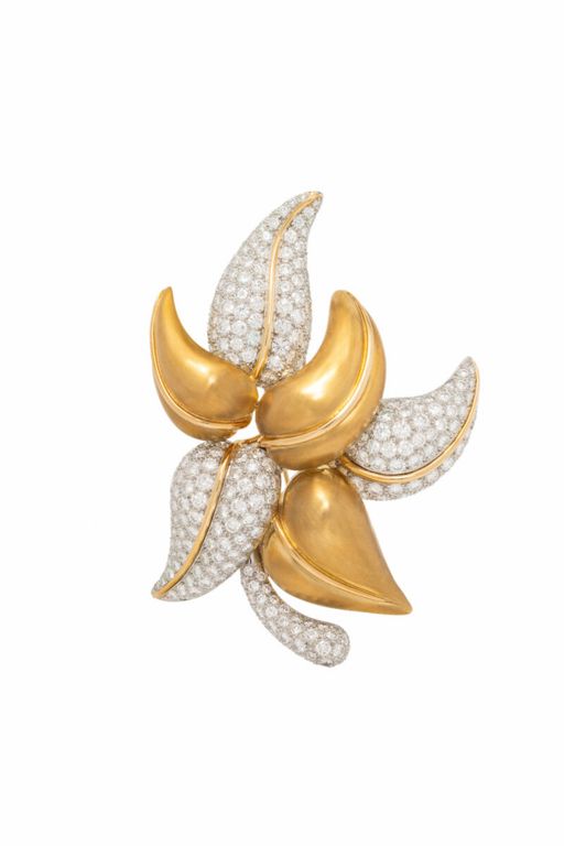 Platinum and 18k Yellow Gold Diamond Leaf Brooch